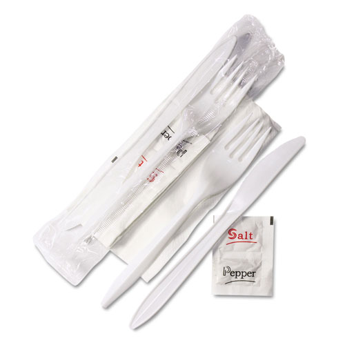 GEN Wrapped Cutlery Kit, 6.25", Fork/Knife/Napkin/Salt/Pepper, Polypropylene, White, 500/Carton