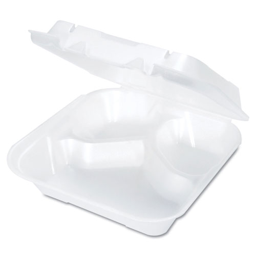 Genpak Snap-It Vented Foam Hinged Container, 3-Comp, White, 8 1/4x8x3, 100/BG, 2 BG/CT