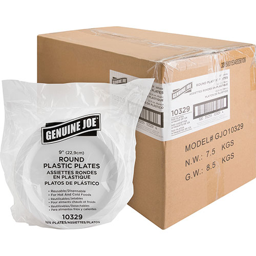 Genuine Joe 9" Plastic Round Plates, Reusable/Disposable, 600/CT, White