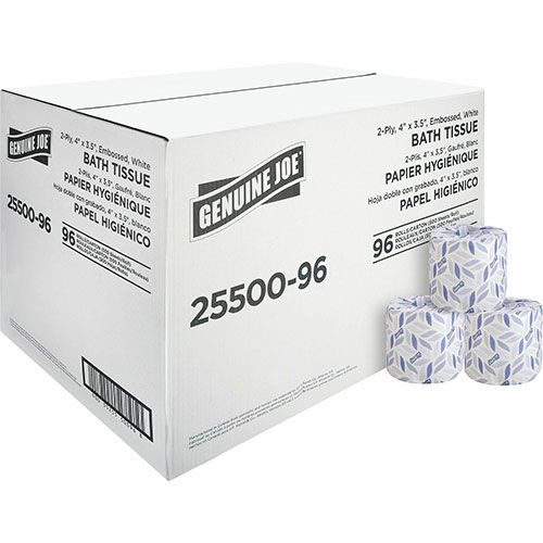 Genuine Joe Bath Tissue, 2-Ply, 500SH/RL, 4" x 3.15", 96RL/CT, WE