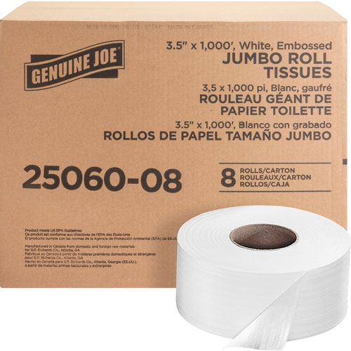 Genuine Joe Bath Tissue Roll, 2-Ply, 3-7/8" x 9" x 3-1/2", 8/CT, White