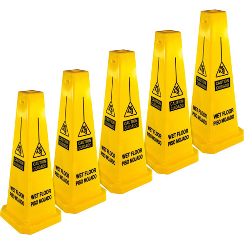 Genuine Joe Bright 4-sided CAUTION Safety Cone, 5/Carton, Cone Shape, Stackable, Four Sided, Polypropylene, Yellow