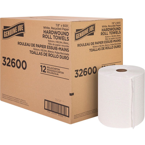 Genuine Joe Hardwound Roll Paper Towels - 12" x 600 ft - White - Paper - Absorbent - For Restroom - 1 / Carton