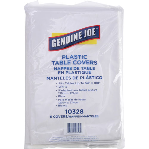 Genuine Joe Plastic Rectangular Table Covers, 108" Length x 54" Width, Plastic, White