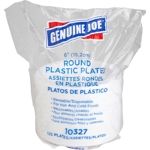 Genuine Joe Reusable Plastic White Plates, 6" Diameter Plate, Plastic, White