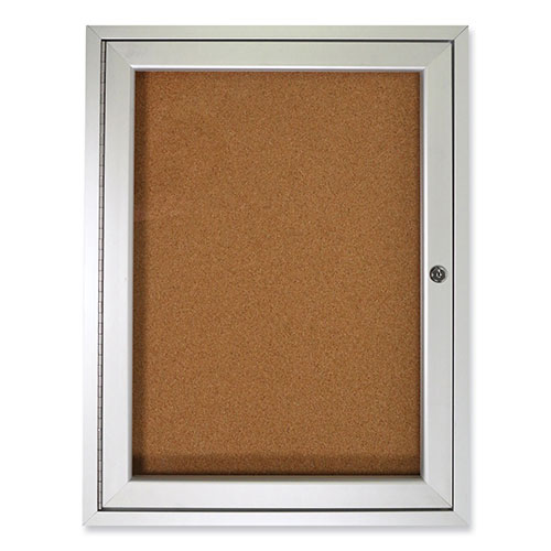 Ghent MFG 1 Door Enclosed Natural Cork Bulletin Board with Satin Aluminum Frame, 24 x 36, Tan Surface
