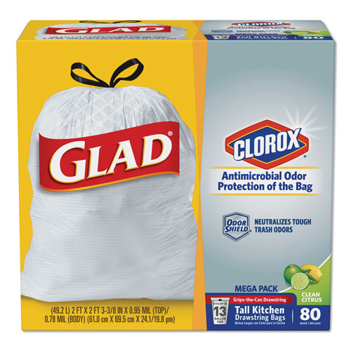 Glad OdorShield Tall Kitchen Drawstring Bags, 13 gal, 0.95 mil, 24" x 27.38", White, 80/Box