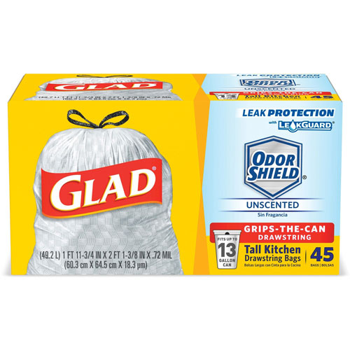 Clorox Glad Trash Bag, 13-gallon, Drawstring, 2' x 2-1/4' x 1ml, WE, CLO78362