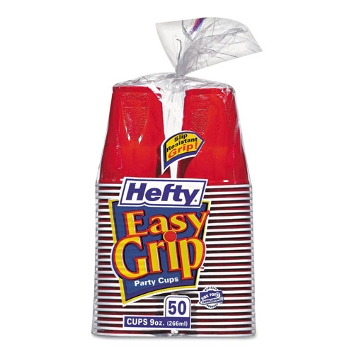Hefty Easy Grip Disposable Plastic Party Cups, 9 oz, Red, 50/Pack, 12 Packs/Carton