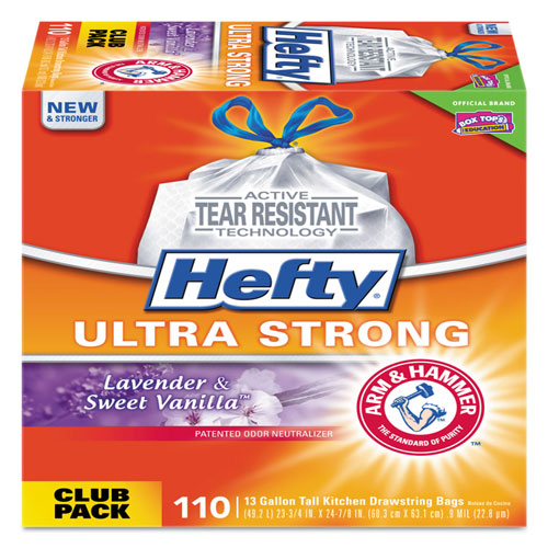 Hefty Ultra Strong Scented Tall White Kitchen Bags, 13 gal, 0.9 mil, 23.75" x 24.88", White, 110/Box