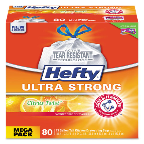 Hefty Ultra Strong Scented Tall White Kitchen Bags, 13 gal, 0.9 mil, 23.75" x 24.88", White, 80/Box