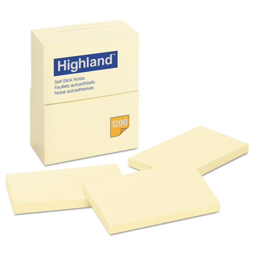 Highland Self-Stick Notes, 3" x 5", Yellow, 100 Sheets/Pad, 12 Pads/Pack