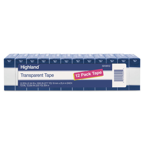Highland Transparent Tape, 1" Core, 0.75" x 83.33 ft, Clear, 12/Pack