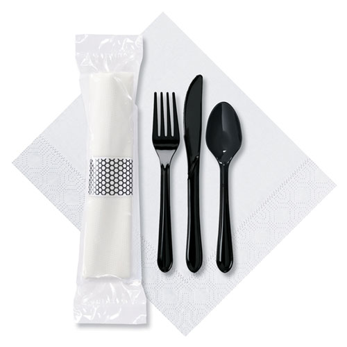 Hoffmaster CaterWrap Cater to Go Express Cutlery Kit, Fork/Knife/Spoon/Napkin, Black, 100/Carton