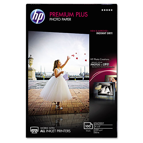 HP Premium Plus Photo Paper, 80 lbs., Glossy, 4 x 6, 100 Sheets/Pack