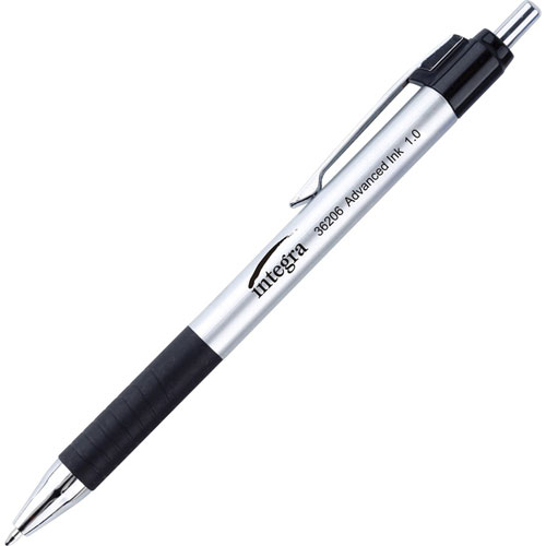 Integra Advanced Ink Retractable Pen, Medium Pen Point, 1 mm Pen Point Size, Retractable, Black Liquid Ink, Black Barrel, 12/Dozen