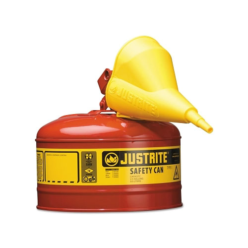 Justrite Type I Steel Safety Can, Flammables, 2.5 gal, Red, with Funnel
