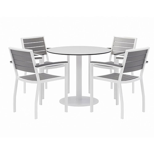 KFI Seating Eveleen Outdoor Patio Table w/Four Gray Powder-Coated Polymer Chairs, Round, 36" Dia x 29h,White