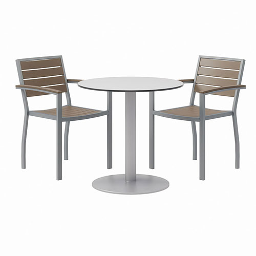 KFI Seating Eveleen Outdoor Patio Table with Two Mocha Powder-Coated Polymer Chairs, 30" Dia x 29h, Gray