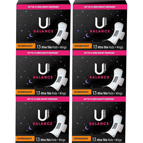 Kotex® Ultra Thin Overnight Pads, WithWings, 6/Carton, Absorbent, Odor-absorbing, Individually Wrapped, Anti-leak