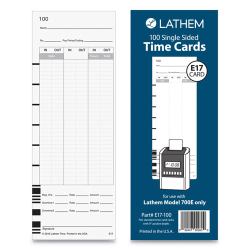 Lathem Time E17-100 Time Card, Bi-Weekly/Monthly/Semi-Monthly/Weekly, One Side, 9", 100/Pack