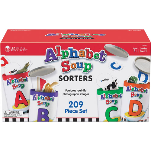 Learning Resources Alphabet Soup Sorters, 26 Cardboard cans w/Lids, 130 Photo Cards, 52 Letters