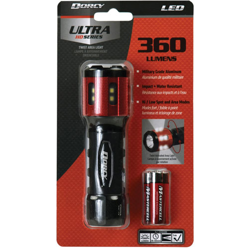 Life+Gear® Flashlight, 360 Lumen, 1-1/2"Wx1-1/2"Lx5-1/10"H, Black/Red
