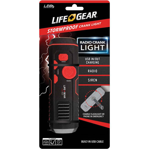Life+Gear® Flashlight, Crank Radio, 30 Lumen, 1-9/10"Wx6-1/5"H, Black/Red