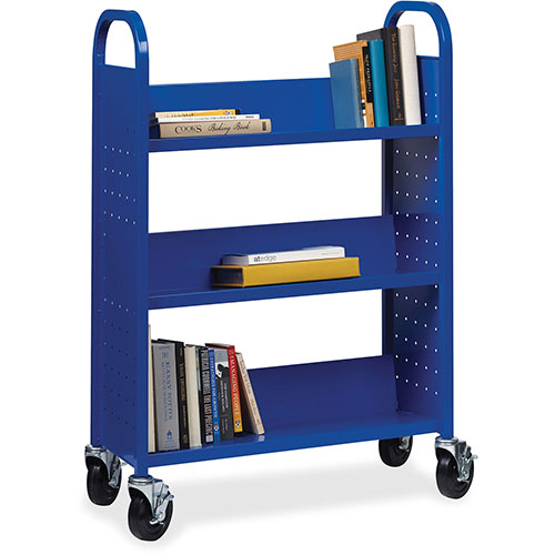 Lorell Book Cart, Single-sided, 3 Slant Shelves, 32" x 14" x 46", Blue