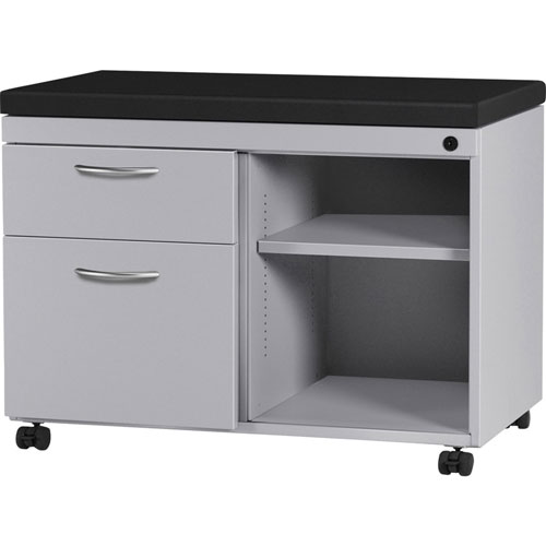 Lorell Molly Workhorse Cabinet, 2-Drawer, 30.5" x 18.3" x 22.4", 2 x Shelf(ves), 2 x Drawer(s), Metallic Silver, Satin Nickel, Black