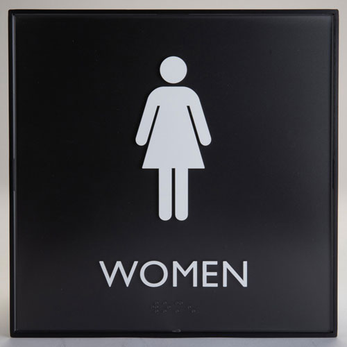 Lorell Restroom Sign, 1 Each, Women Print/Message, 8" x 8" Height, Square Shape, Easy Readability, Injection-molded, Plastic, Black