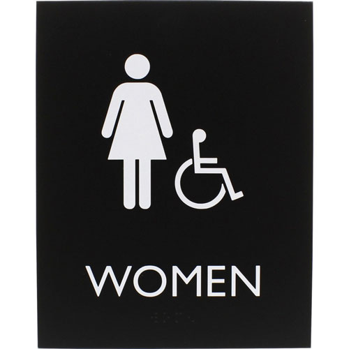 Lorell Restroom Sign, 1 Each, Women Print/Message, 6.4" x 8.5" Height, Rectangular Shape, Easy Readability, Braille, Plastic, Black
