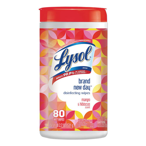 Lysol Disinfecting Wipes, 7 x 8, Mango and Hibiscus, 80 Wipes/Canister, 6 Canisters/Carton