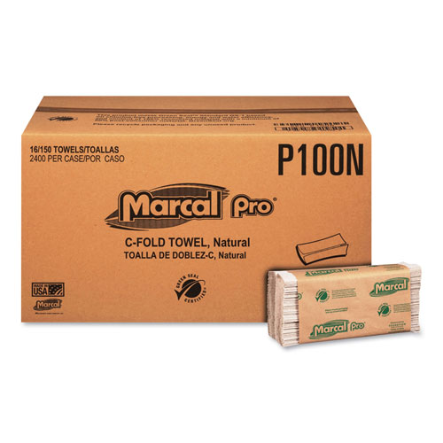 Marcal Folded Paper Towels, 1-Ply, 10 1/8" x 12 7/8 ", 150/Pack, 16 Packs/CT