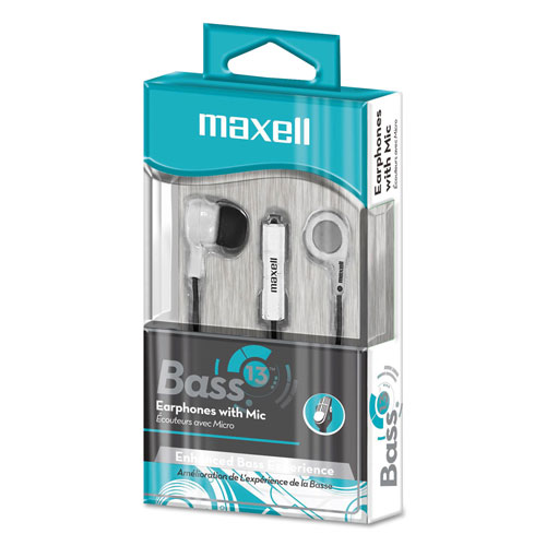 Maxell B-13 Bass Earbuds with Microphone, White, 52" Cord