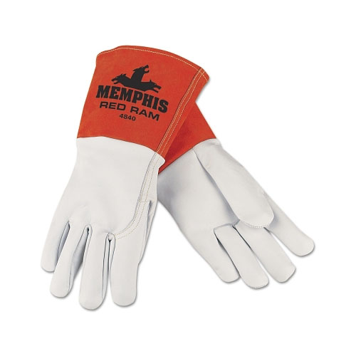 MCR Safety Red Ram Mig/Tig Welders Gloves, Grain Goat Skin, Med, White/Russet