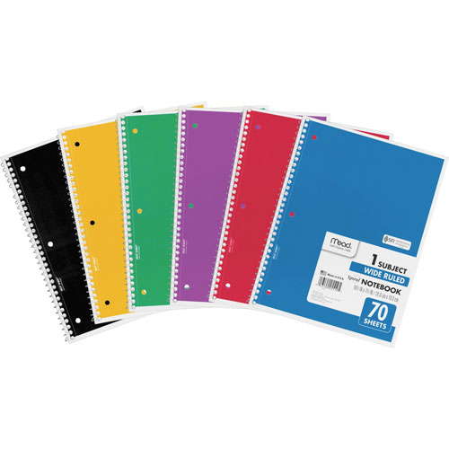 Mead Notebooks, 1-Subject, Wide Rule, 70 Sheet, 10-1/2" x 8", 6/BD, Assorted