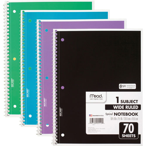 Mead Spiral Notebook, 1 Subject, 70 Pg, 10-1/2"X7-1/2" , 4/Pk, Ast
