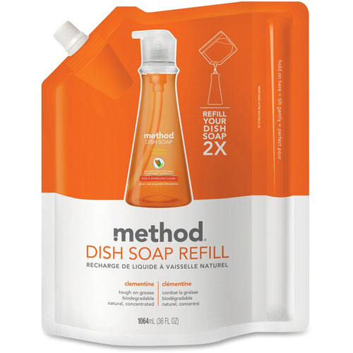 Method Products Dish Soap Refill, Clementine Scent, 36 oz Pouch, 6/Carton