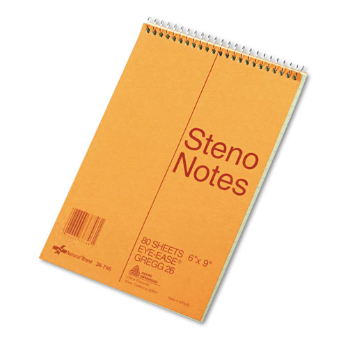 National Brand Standard Spiral Steno Pad, Gregg Rule, Brown Cover, 80 Eye-Ease Green 6 x 9 Sheets