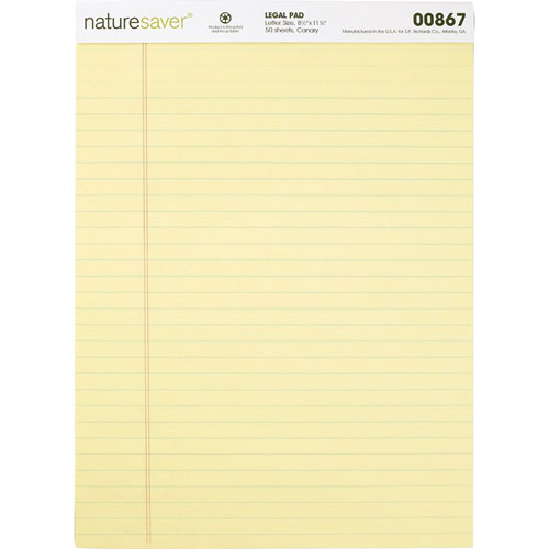Nature Saver Recycled Legal Rule Pad, Legal Rule, 8 1/2"x11 3/4", Canary