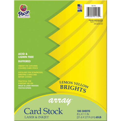Pacon Inkjet, Laser Printable Multipurpose Card Stock, Lemon Yellow, Letter, 8 1/2" x 11", 65 lb Basis Weight, 100/Pack