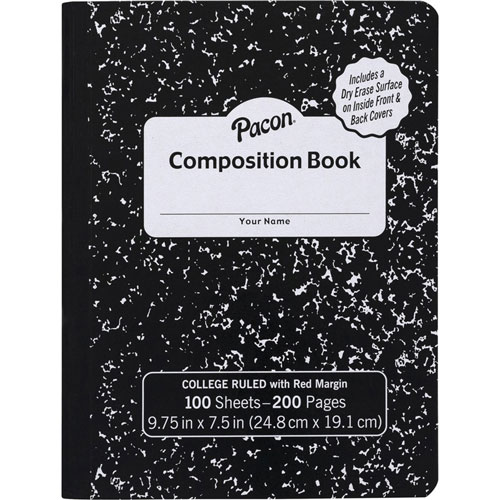 Pacon Marble Hard Cover College Rule Composition Book, 9.75" x 7.5", Black Cover Marble