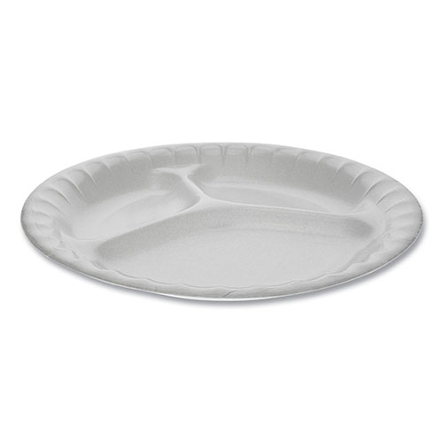 Pactiv Laminated Foam Dinnerware, 3-Compartment Plate, 8.88" Diameter, White, 500/Carton