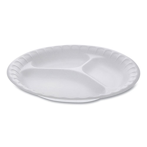 Pactiv Unlaminated Foam Dinnerware, 3-Compartment Plate, 9" Diameter, White, 500/Carton