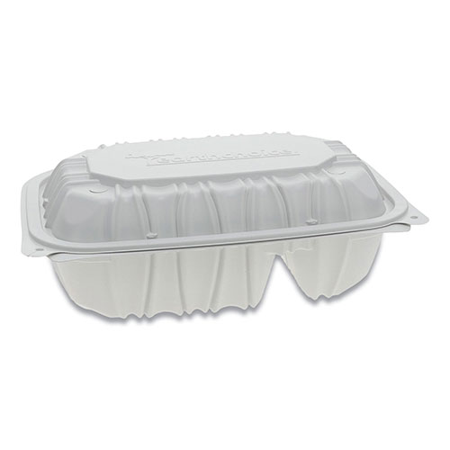 Pactiv Vented Microwavable Hinged-Lid Takeout Container, 2-Compartment, 9 x 6 x 3.1, White, 170/Carton