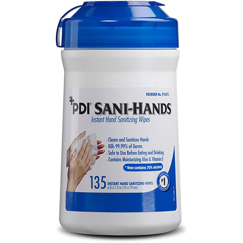 PDI Healthcare Sani-Hands Instant Hand Sanitizing Wipes - 6" x 7.50" - White - Hygienic, Moisturizing - For Hand, Residential - 135 Per Canister - 12 / Carton