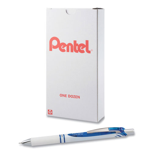 Pentel EnerGel Pearl Gel Pen, Retractable, Medium 0.7 mm, Blue Ink, White/Blue Barrel, Dozen