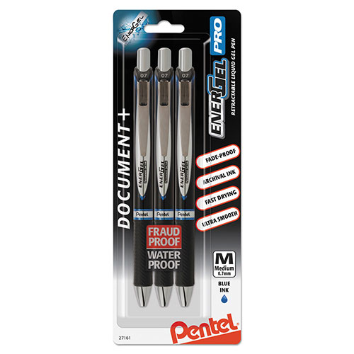 Pentel EnerGel PRO Retractable Gel Pen, Medium 0.7mm, Blue Ink, Black Barrel, 3/Pack