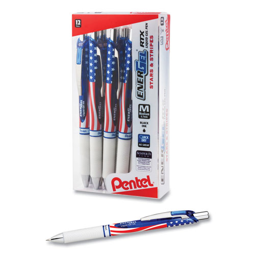 Pentel EnerGel RTX Stars and Stripes Gel Pen, Retractable, Medium 0.7 mm, Black Ink, Red/White/Blue Barrel, Dozen